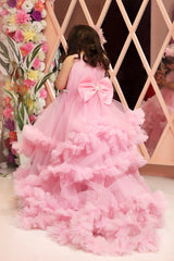 Back view of Ruffled Train Dress – elegant pink sweep train dress