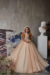 Champagne embellished lace flower girl dress front view