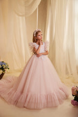 Front view of of blush pink embroidered flower girl dress with ruffled sleeves and tulle skirt.