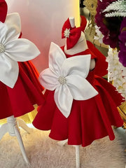 Close-up of Floral Bow with Pearls – detailed red satin bow with pearl embellishments