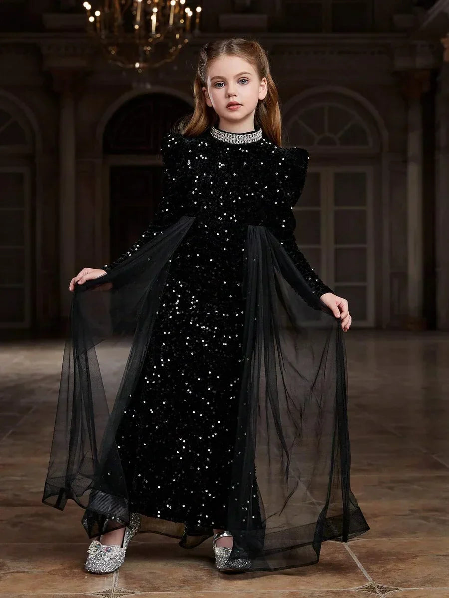 Sparkling Black Velvet Bodycon Dress – Elegant Girls' Party Dress