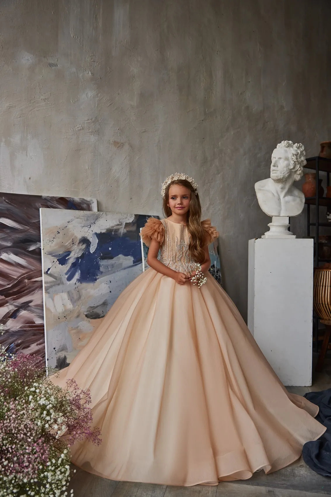 Champagne embellished lace flower girl dress front view
