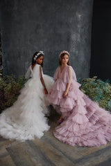 Side view of Ruffled Girls' Luxury Tulle Dress with elegant ruffle details, perfect for weddings and special events.
