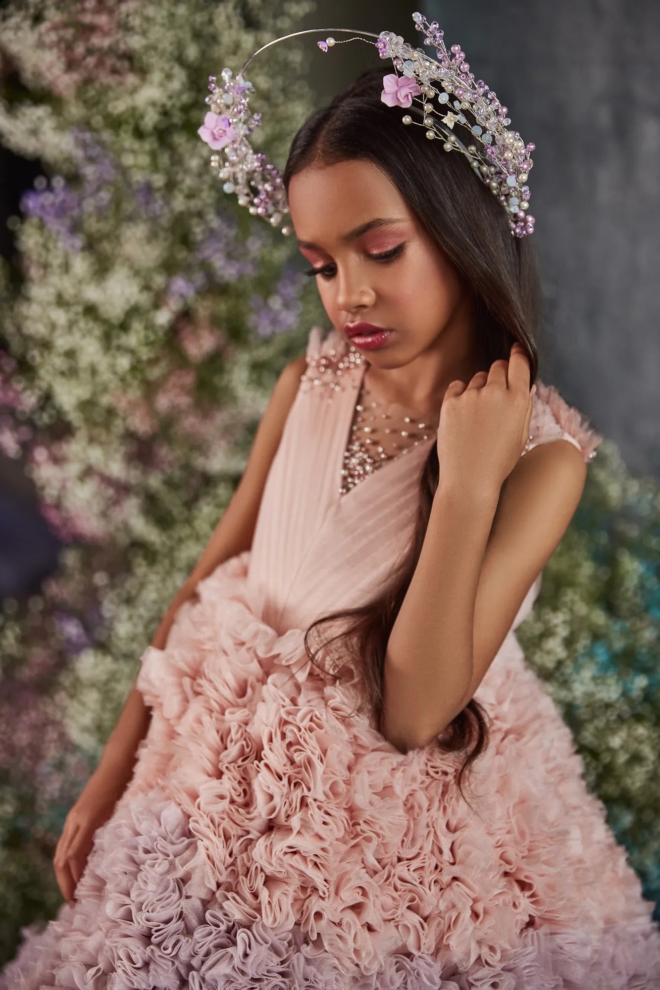 Close-up of bodice details on the ruffled ombré formal flower girl dress.